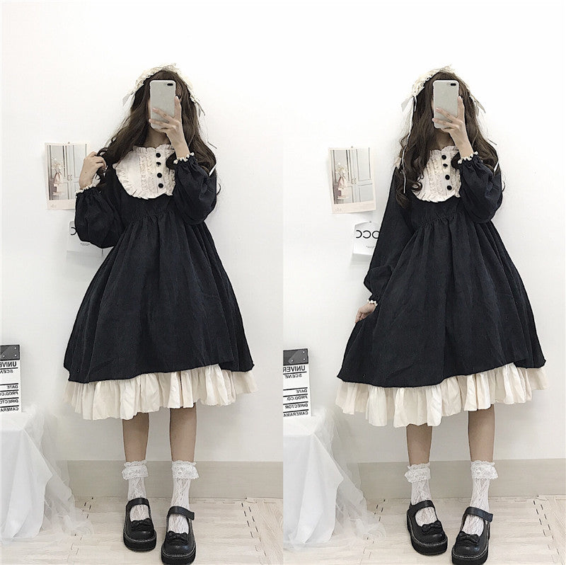 mvrsgreen alt black girl going out classic style women edgy style church outfit brunch outfit cute spring outfitsJapanese Style   Autumn Women'S Dresses O-Neck High Waist Slimming Contrast-Color Ruffled Sweet Lolita Dress Kawaii Clothing