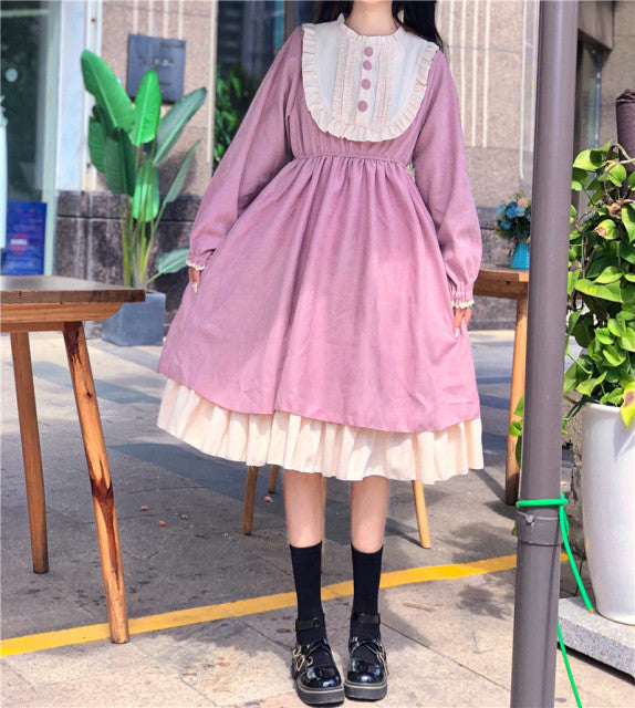 mvrsgreen alt black girl going out classic style women edgy style church outfit brunch outfit cute spring outfitsJapanese Style   Autumn Women'S Dresses O-Neck High Waist Slimming Contrast-Color Ruffled Sweet Lolita Dress Kawaii Clothing