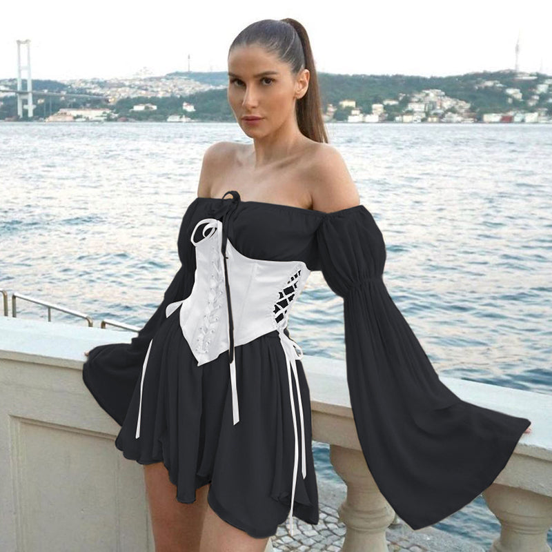 mvrsgreen alt black girl going out classic style women edgy style church outfit brunch outfit cute spring outfitsChiffon Slash Neck Mini Dress Women Summer Beach Vacation Long Sleeve Corset Bandage Sundress Party Casual Dresses Pink