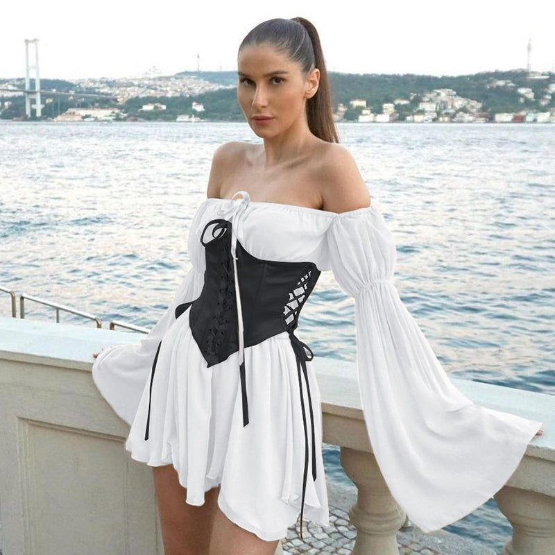 mvrsgreen alt black girl going out classic style women edgy style church outfit brunch outfit cute spring outfitsChiffon Slash Neck Mini Dress Women Summer Beach Vacation Long Sleeve Corset Bandage Sundress Party Casual Dresses Pink